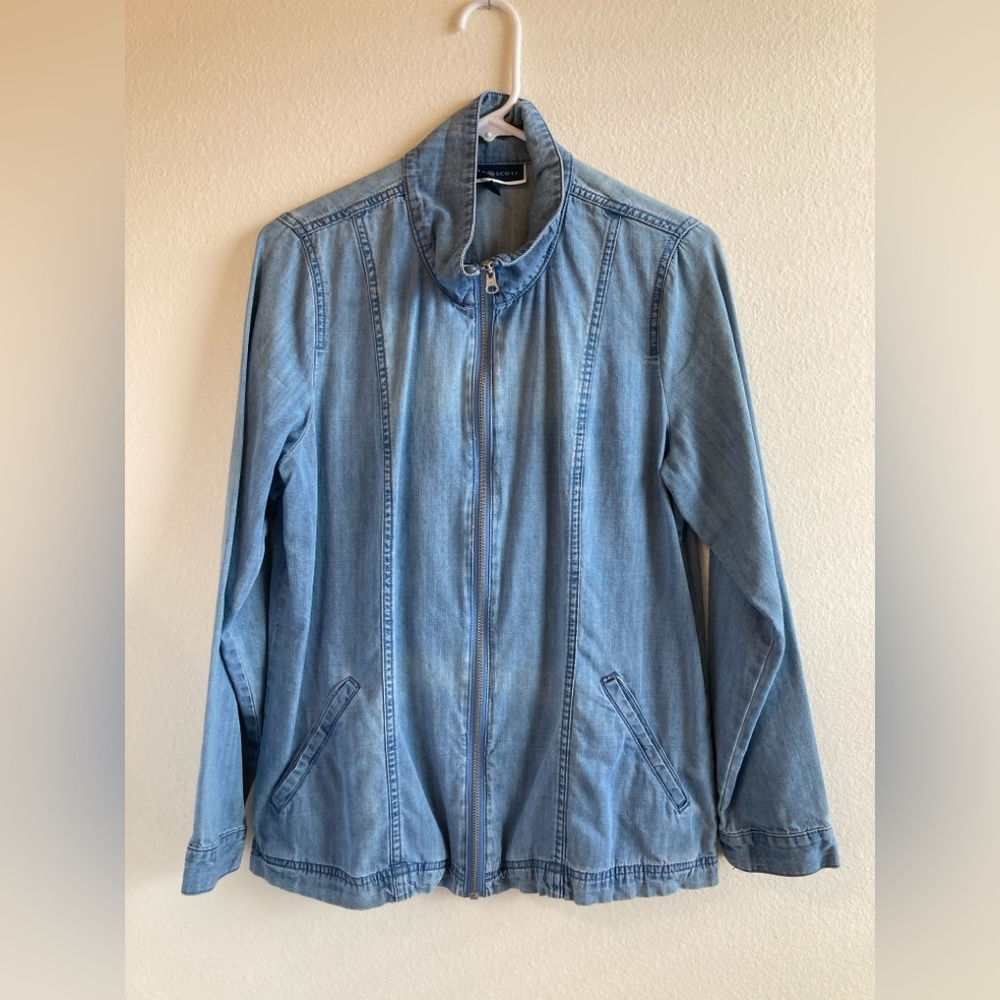 Karen Scott Light Blue Jean Jacket Size S Zip Front Mock Neck - Picture 1 of 11